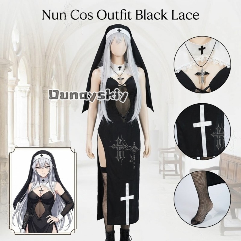 KS*06 زي راهبة أصلي أسود مع صد - مراجعة Anime Cosplay Outfits Female وسعره