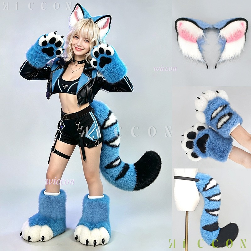 طقم أذن وذيل النمر الأزرق من د - مراجعة Anime Cosplay Dress For Women وسعره